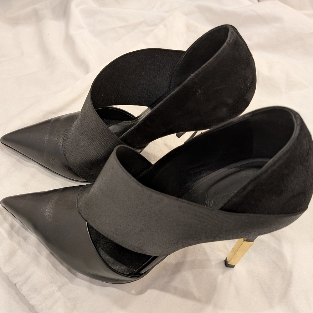 Balmain Black Pointed Toe Stiletto Heel Pumps with Gold Accent - Picture 3 of 9